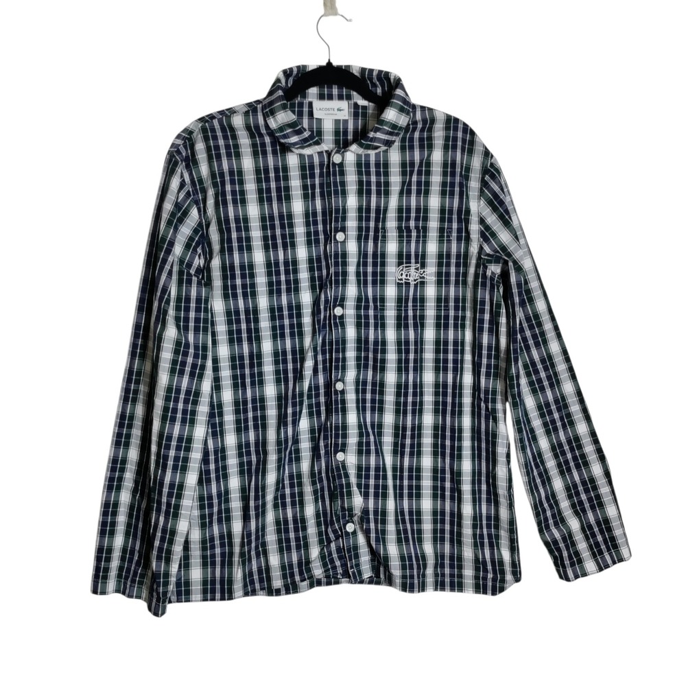 Lacoste Mens Plaid Pajama Shirt Green Navy Blue Cotton Sleepwear Top Size M